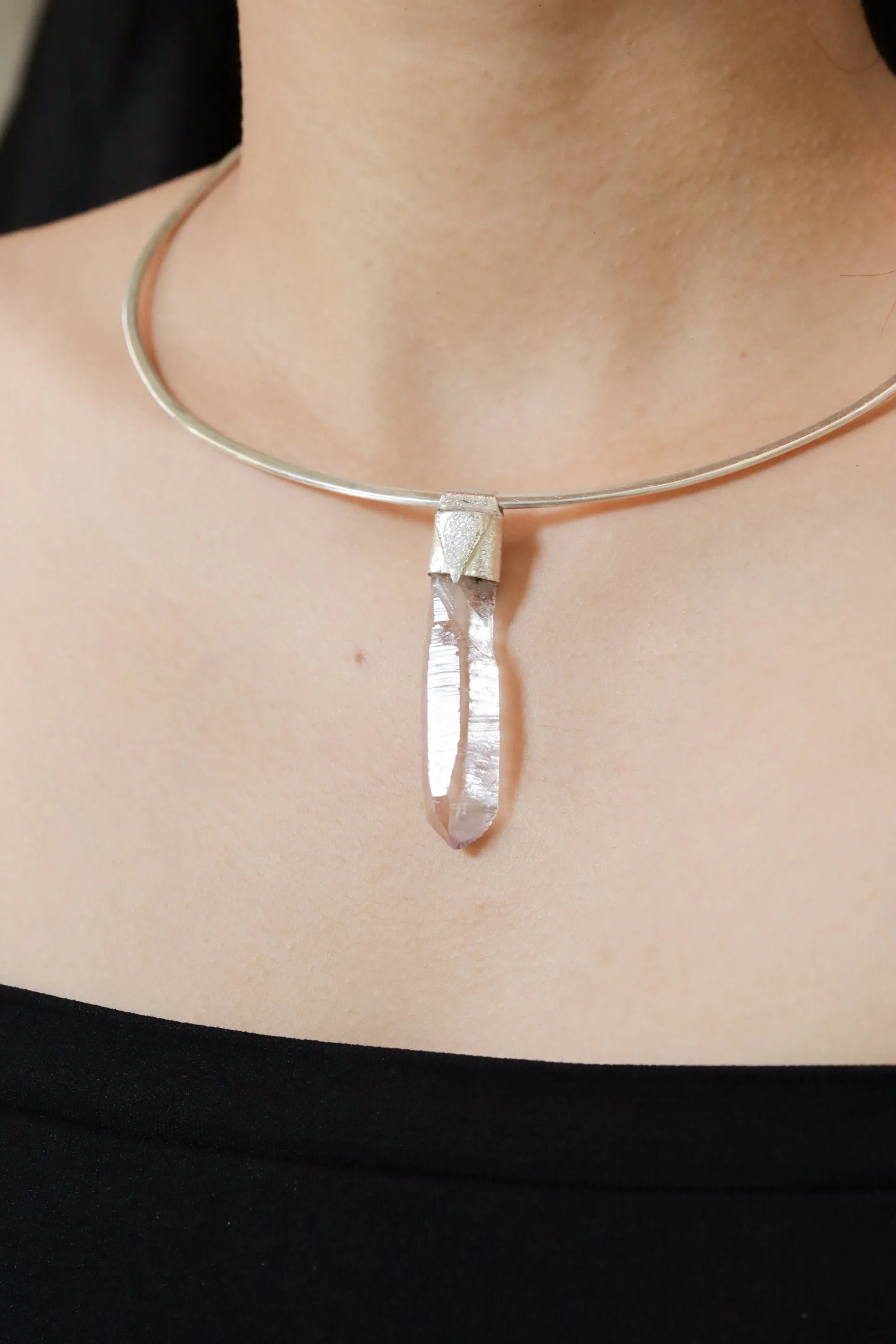 Light Anhydro Lemurian Vera Cruz Amethyst Laser Point Stack Pendant, Organic Textured Sterling Silver, Crown Chakra, Aquarius, Unique Gift