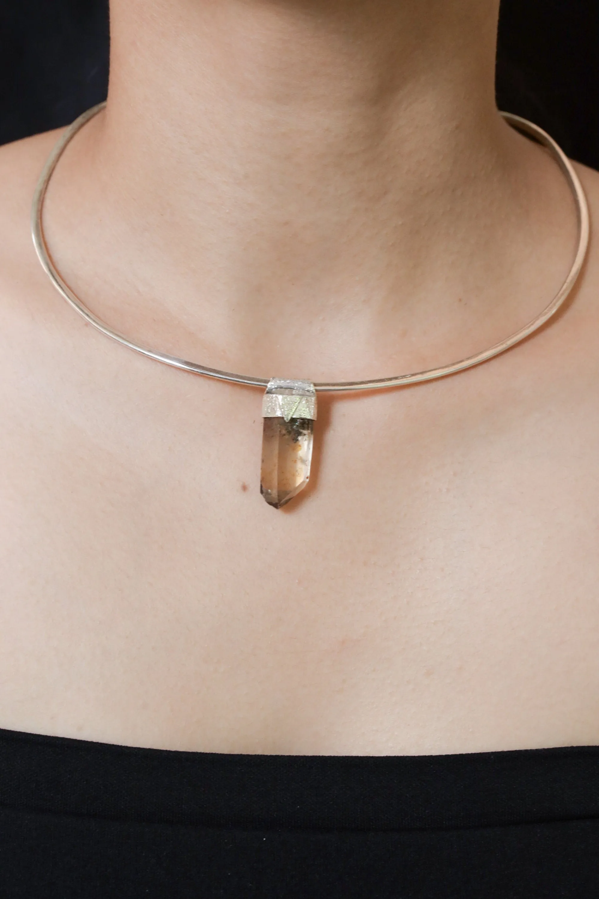 Natural Pyrite Inclusion Quartz Point Stack Pendant, Organic Textured Sterling Silver, Solar Plexus Chakra, Leo ,Protection, Unique Gift
