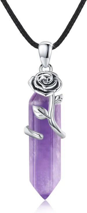OHAYOO Crystal Rose Quartz Pendant Necklace for Women 925 Sterling Silver Wrapped Healing Stone Rose Flower Hexagonal Quartz Pendant Gifts for Women