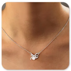 Pearl Bow Necklace Silver Bow Necklace for Women, Dainty Single Pearl Choker Pendant Necklaces as Prom Jewelry, Adjustable Sparkly Bow Jewelry as Wedding Jewelry for Bride Bridesmaid Gifts