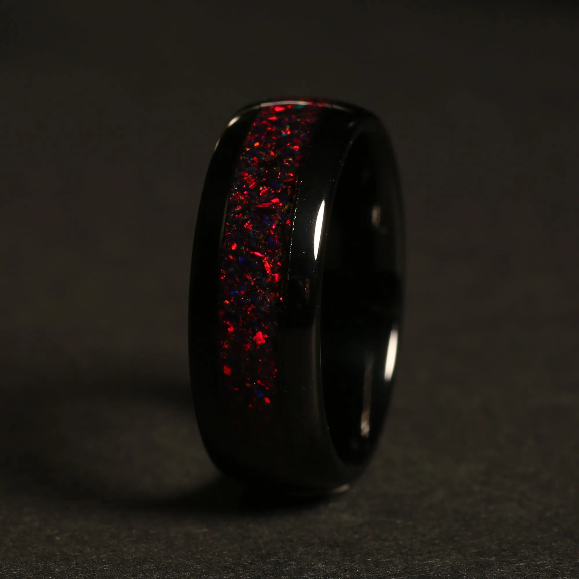 "Firefall" Black Fire Opal Dome Polish Tungsten Carbide Ring, 8mm