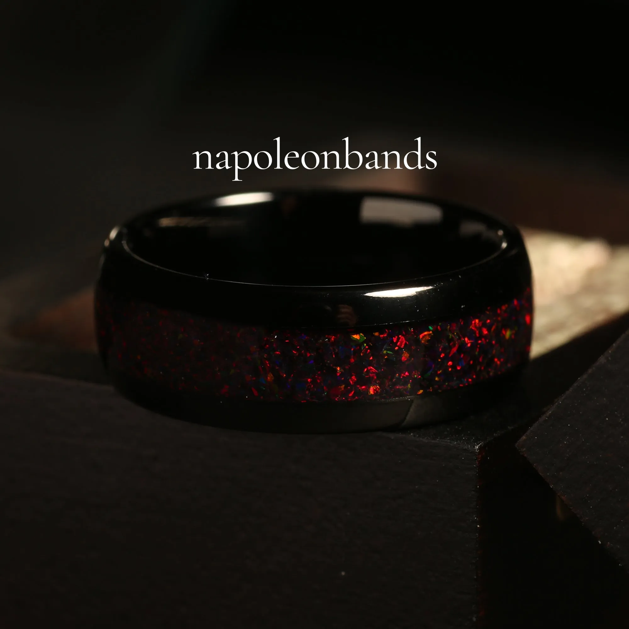 "Firefall" Black Fire Opal Dome Polish Tungsten Carbide Ring, 8mm