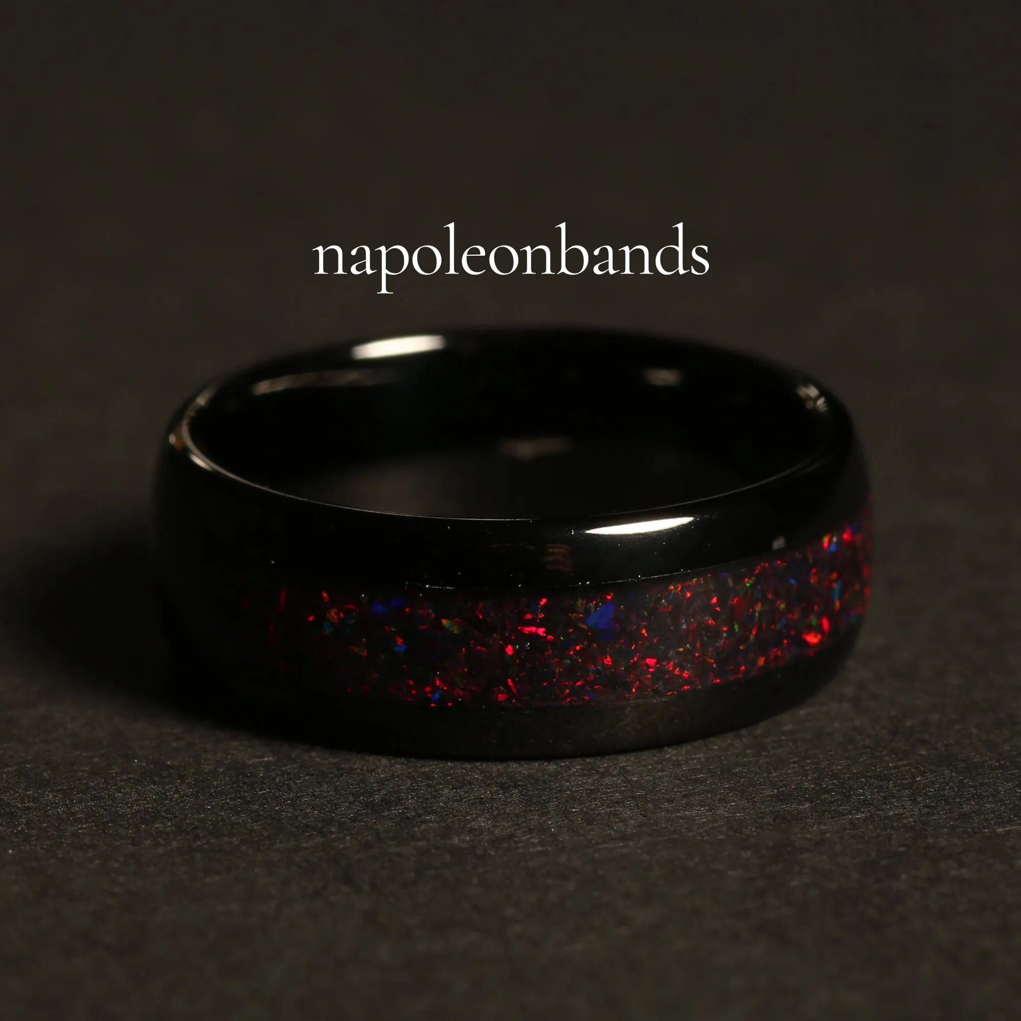 "Firefall" Black Fire Opal Dome Polish Tungsten Carbide Ring, 8mm