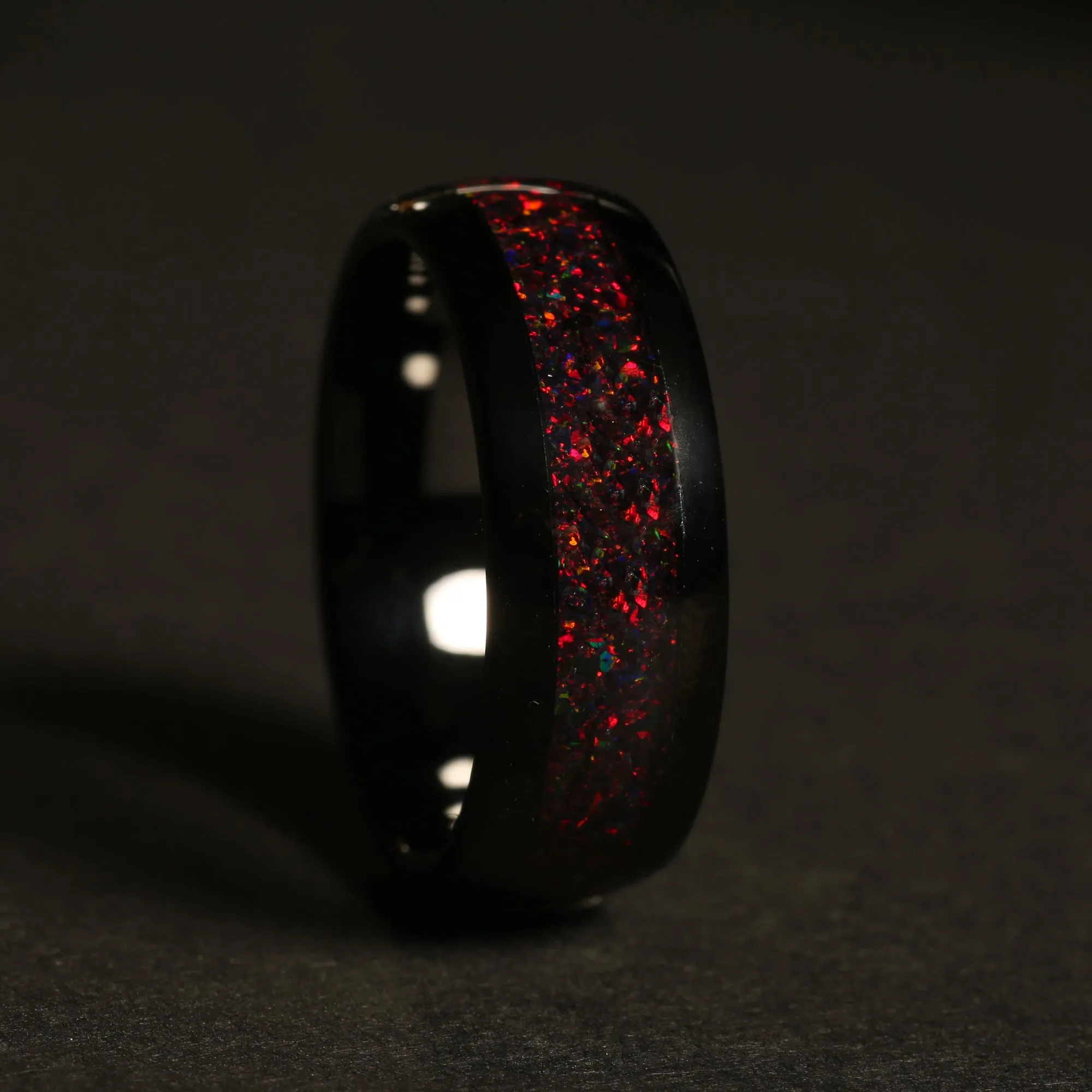 "Firefall" Black Fire Opal Dome Polish Tungsten Carbide Ring, 8mm