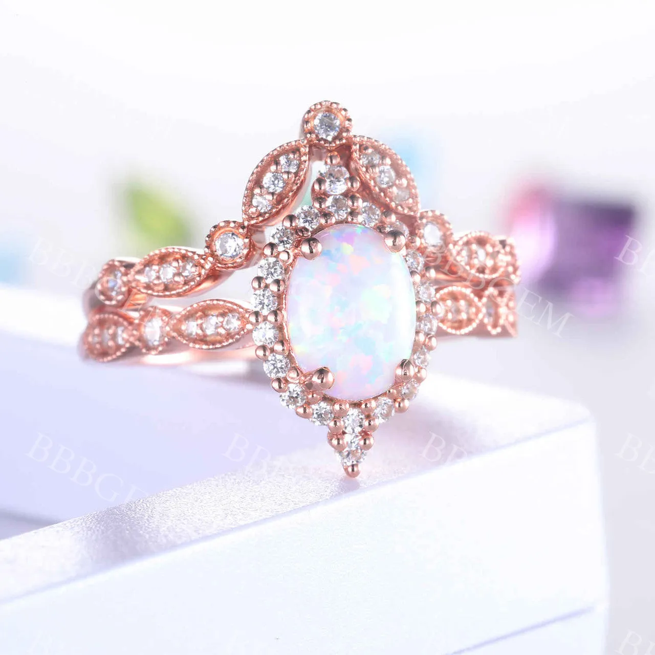 Vintage Oval White Opal Engagement Ring Set Marquise Chevron Wedding Band Halo Diamond Ring